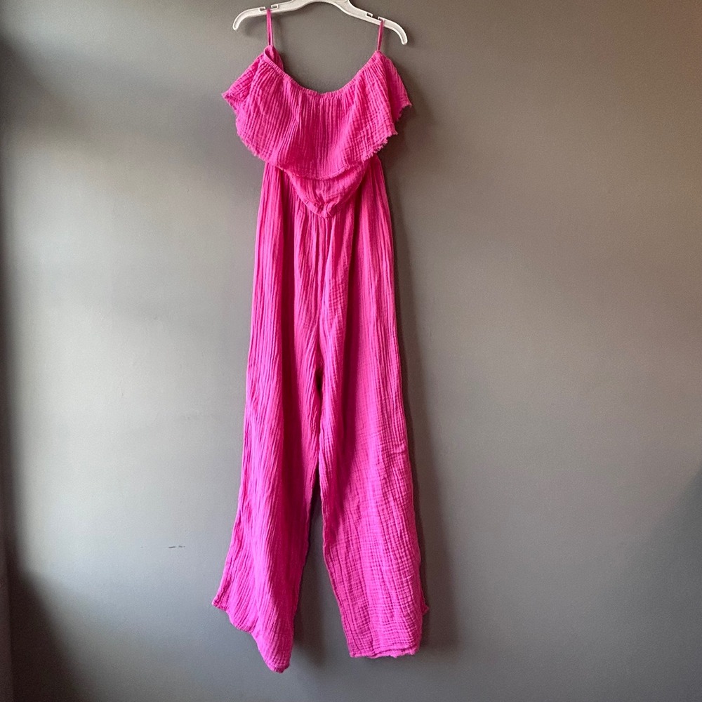 Michael Stars Hot Pink Cotton Gauze Ruffle Wide Leg Jumpsuit Medium Strapless M